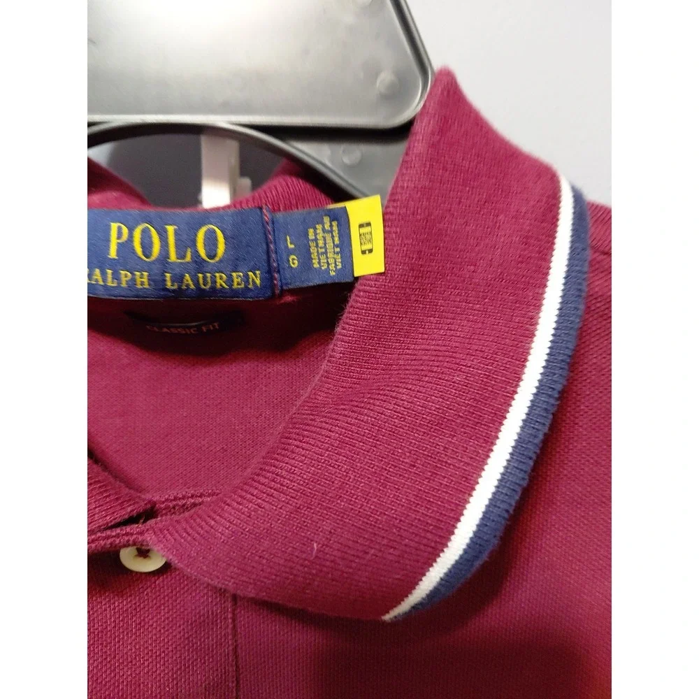 Ralph Lauren Polo Shirt Men Large Burgundy Golf Casual Pony Logo Striped Collar